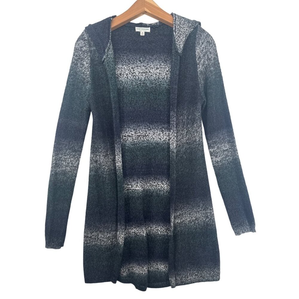 Earthbound Trading Co Womens Cardigan M Blue/Green Striped Hooded Open Longline